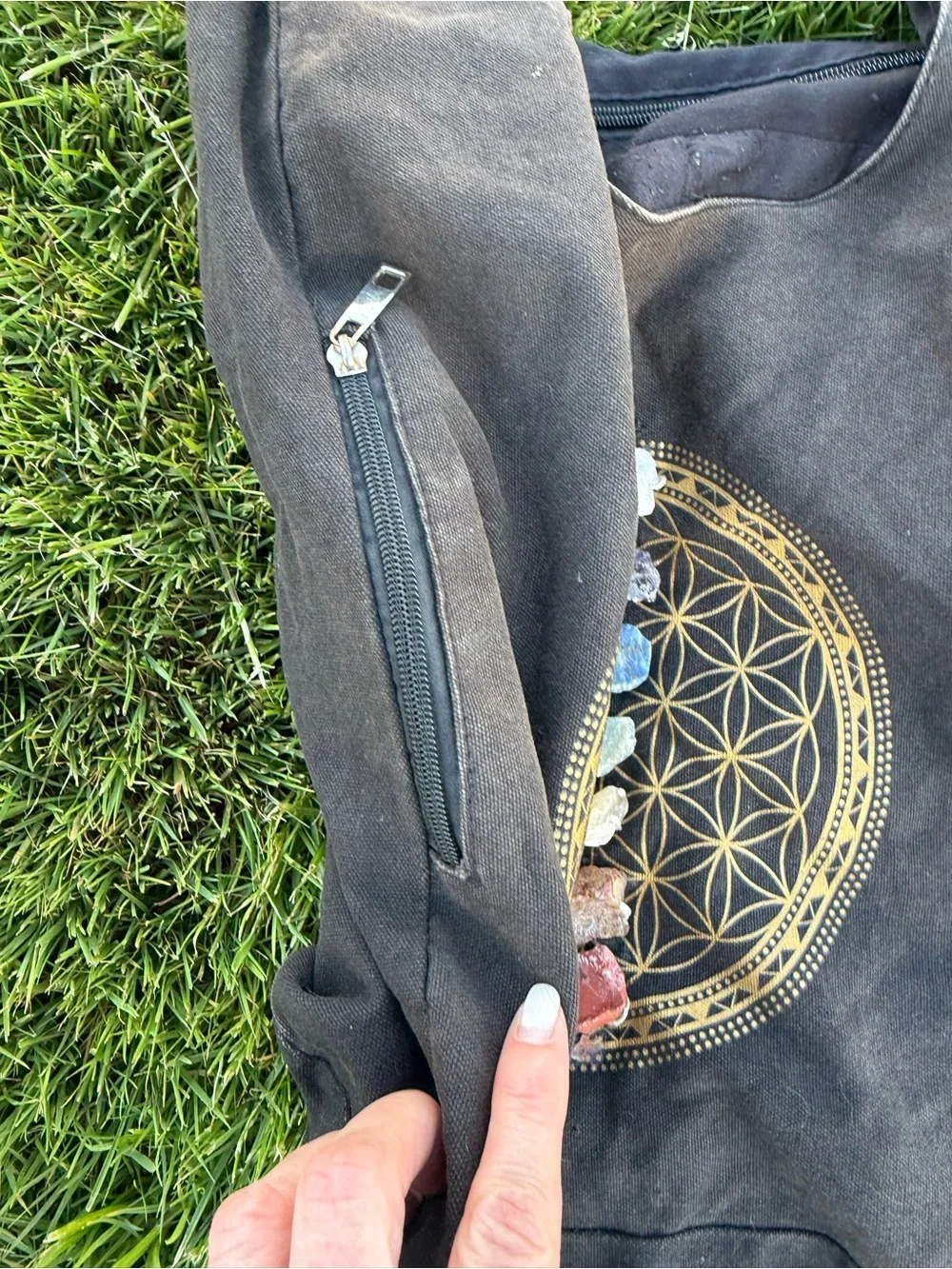 Boho Chakra Crystal Canvas Hobo Bag Black Slouchy Crossbody Tote Hippie Festival